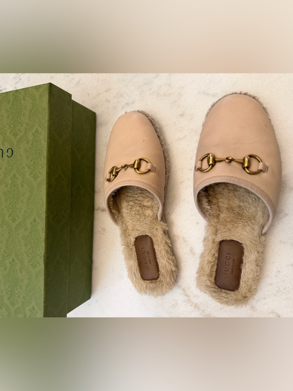 Gucci Beige Leather Fur-Lined Horsebit Mules - Picture 6 of 10